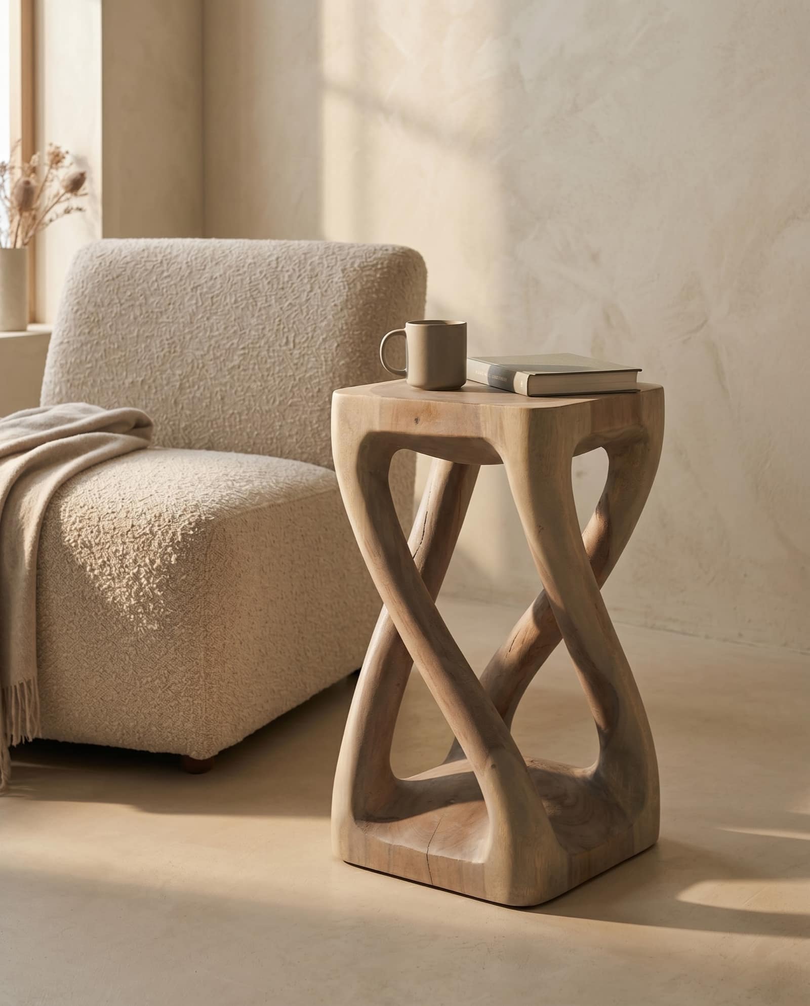 Sculptural wood table shown in natural light