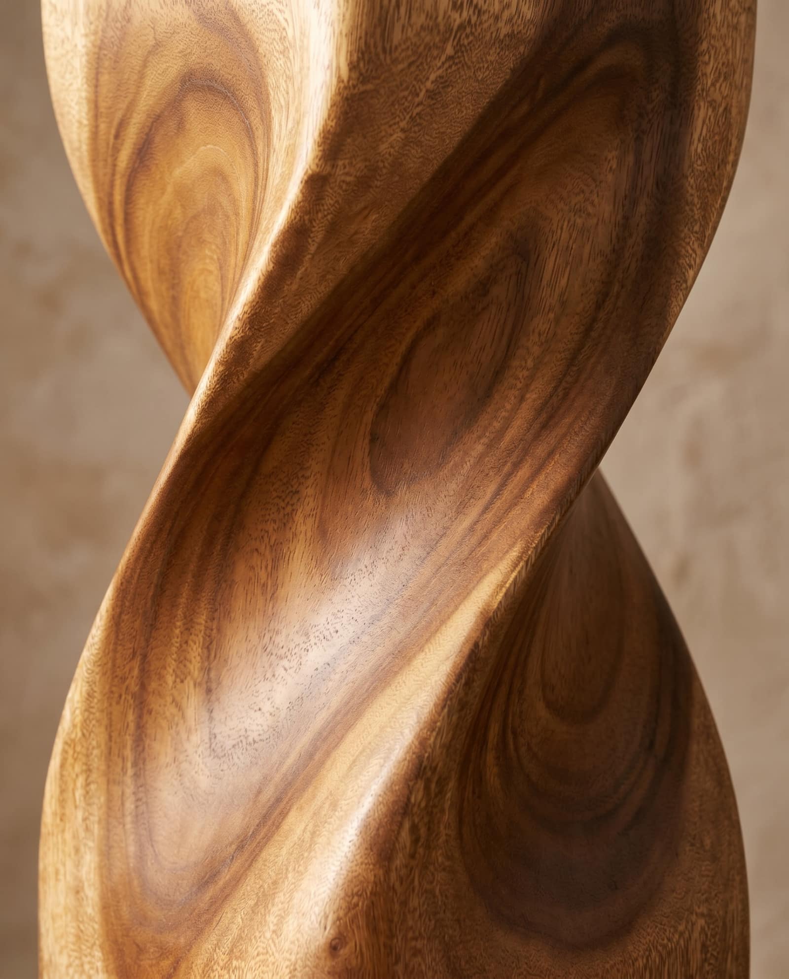 Close view of a sculptural wood form